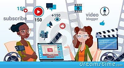 Two Woman Video Blogger Online Stream Blogging Subscribe Concept Vector Illustration