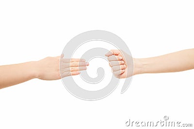 Two women arms, rock paper scissors, hand gesture Stock Photo