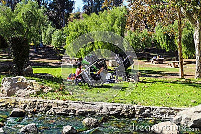 Two women with baby stroller sitting on lush green grass in the park surrounded by autumn trees near a running river Editorial Stock Photo