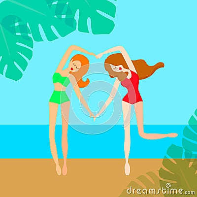 Two women on the beach, girlfriends or lesbi couple, vector illustration Vector Illustration
