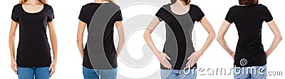 Two woman in black t-shirt : cropped image front and rear view, t-shirt set, mockup tshirt blank Stock Photo