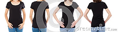 Two woman in black t-shirt : cropped image front and rear view, t-shirt set, mockup tshirt blank Stock Photo