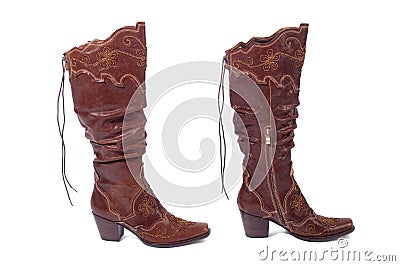 Two women brown boots Stock Photo