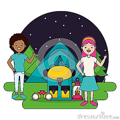 two women camping tent backpack lantern Cartoon Illustration