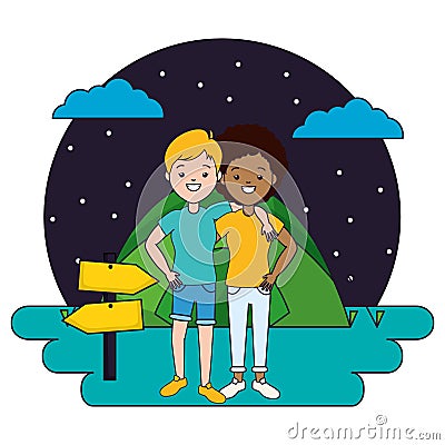 two women camping tent night stars Cartoon Illustration