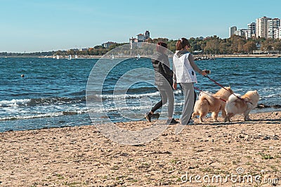 Two women in casual attire walking chow chow dogs by the sea in Istanbul Stock Photo