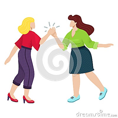 Two women in casual clothes giving high five. Friends or colleagues celebrate success. Happy female teamwork and Vector Illustration