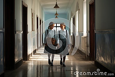 Two women casually walking side by side down a well-lit hallway in a modern building, Two young schoolgirls walking along outdoor Stock Photo