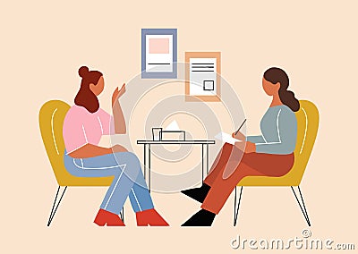 Two women communicate in the office, concept illustration for psychotherapy, job interview, adolescent psychologist Cartoon Illustration