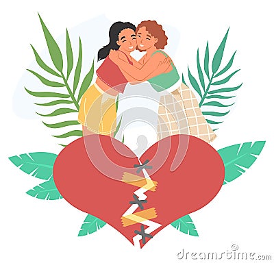 Two women couple connecting heart halves vector Vector Illustration