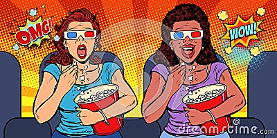 Two women with 3D glasses react differently to the movie. laughs Vector Illustration