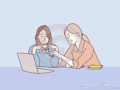 Two women discussing and arguing in front of a laptop simple korean style illustration Vector Illustration