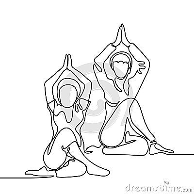 Two women doing exercise in yoga pose Vector Illustration