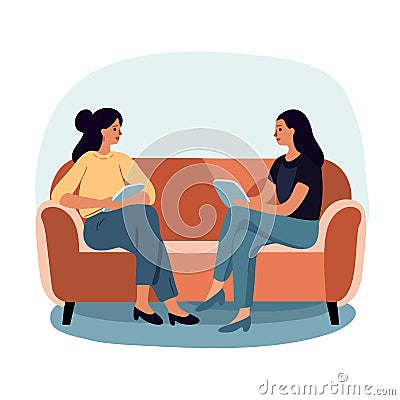 Two women dressed casually sitting on a sofa and having conversation. Vector illustration in cartoon style Vector Illustration