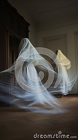 two women dressed in white are dancing in a room Stock Photo