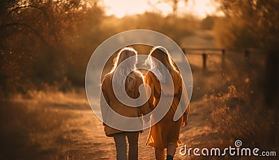 Two women embracing in nature, smiling happily generated by AI Stock Photo