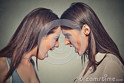 Two women fight. Angry women screaming looking at each other Stock Photo