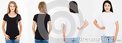 Two women,girls with blank t-shirt isolated, collage caucasian and asian woman in tshirt, blak and white t shirt Stock Photo