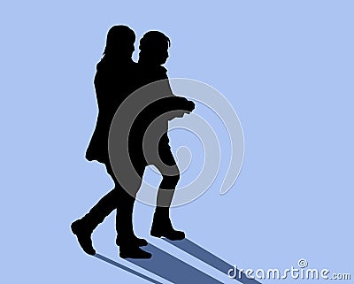 2 two women girls goes at cold night street, silhouette Vector Illustration