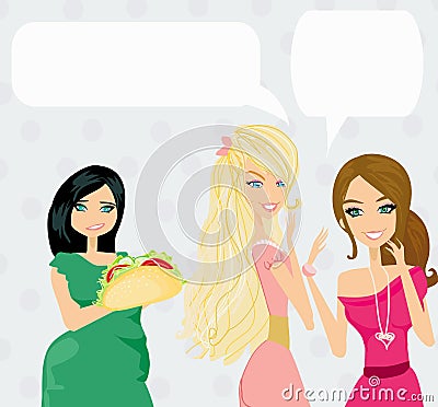Two women gossip about their fat friend Cartoon Illustration