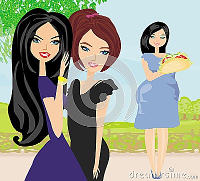 Two women gossip about their fat friend Vector Illustration