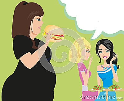 Two women gossip about their fat friend Vector Illustration