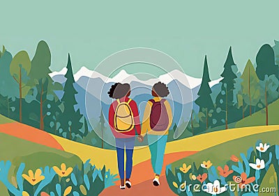 Women hike in the mountains girlfriends holding hands Stock Photo