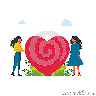 Two women holding big heart. LGBT, love is love, happy pride month. Confident women. Self acceptance Vector Illustration