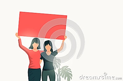 Two Women Holding Up a Blank Sign Vector Illustration