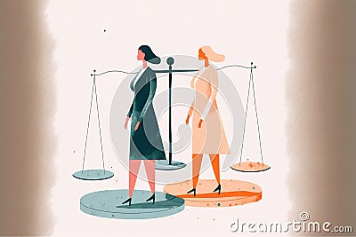Two women with Law scale behind representing women's rights and equality. Women empowerment concept. Cartoon Illustration