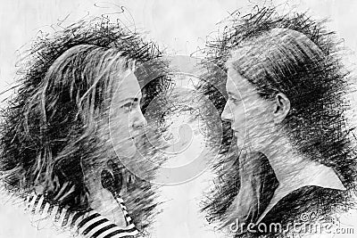 Two young women looking at each other in pencil drawing style Stock Photo
