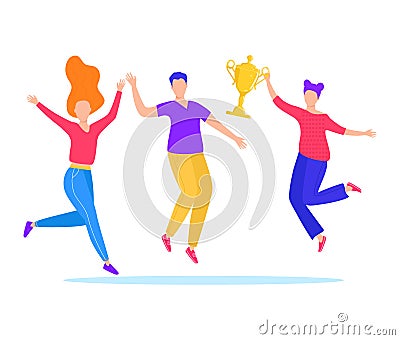 Two women and a man celebrating victory and happiness. A person holding a trophy aloft, cheerful and energetic mood Cartoon Illustration