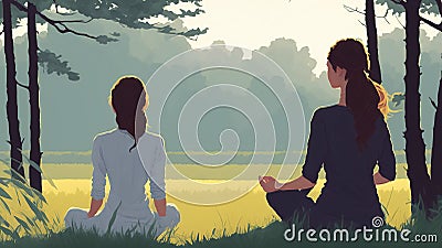 Two Women Meditating in the Forest The Healing Power of Nature Painting Stock Photo