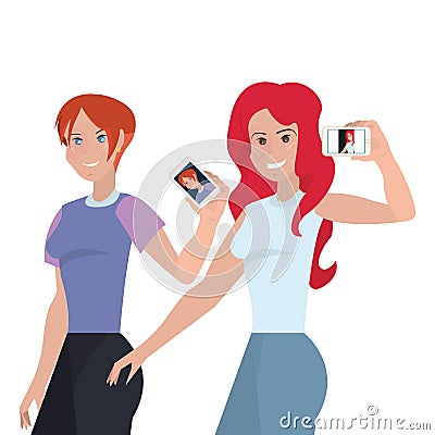 Two women with mobile taking selfie Vector Illustration