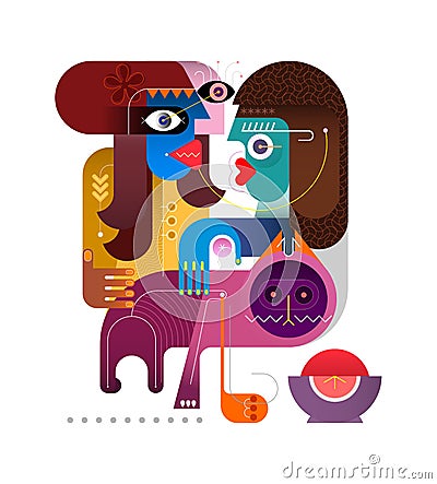 Two women petting a cat Vector Illustration