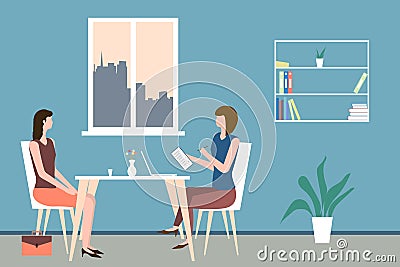 Two women sit at a table in a cozy office. Concept of interview, consultation, insurance, resume submission, business negotiations Vector Illustration