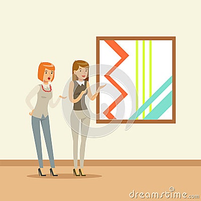 Two women standing in modern art gallery in front of colorful painting Vector Illustration