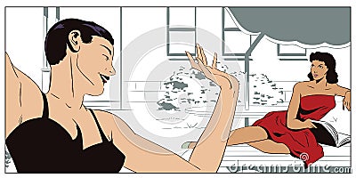 Two women are talking in courtyard of house. People in retro sty Vector Illustration