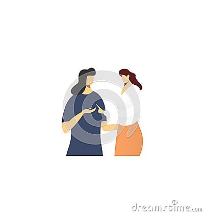 Two women talking, one in a blue top and the other in a white blouse with an orange skirt. Casual conversation, friendly Vector Illustration