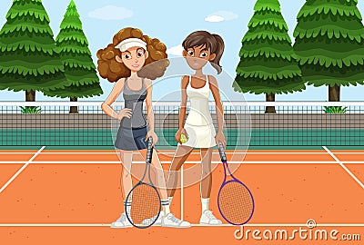 Two Women Tennis Players in Court Vector Illustration