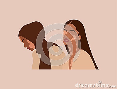 Two women with vitiligo of different nationalities together.Abstract faceless potrait of female. Pigmentation Vector Illustration