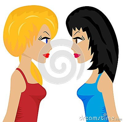 two women wickedly look into eyes to each other Vector Illustration