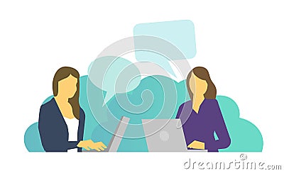 Two women work sitting at laptops and talking chatting. Everyday tasks at work at the table. Vector Illustration