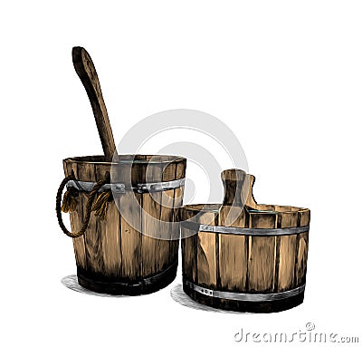 Two wooden buckets for bath with ladle Vector Illustration