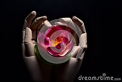 Two wooden hands that hold a fake lotus flower Stock Photo