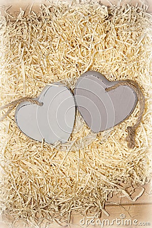 Two wooden hearts in a love nest Stock Photo