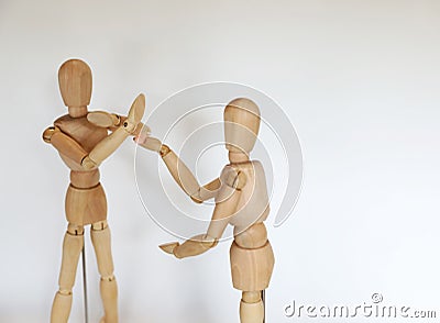 drug pill dealing taking series with wooden manikin figures Stock Photo