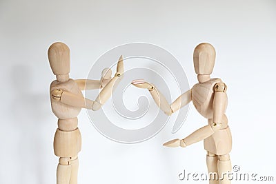 drug pill dealing taking series with wooden manikin figures Stock Photo