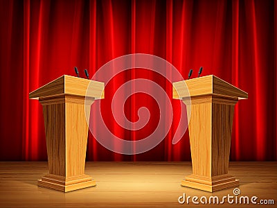 Two wooden podium and red curtain. Vector Illustration
