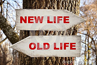 Two wooden signposts on a tree with new life and old life messages Stock Photo